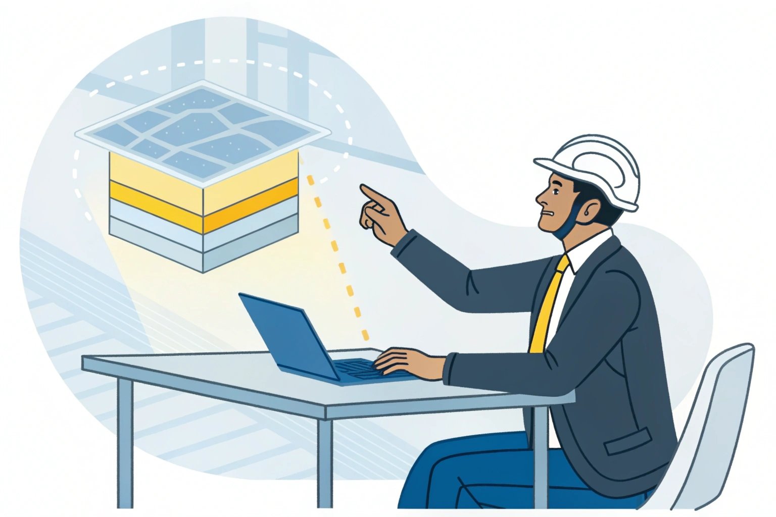 Material Planning Illustrated engineer planning construction materials with technical software.