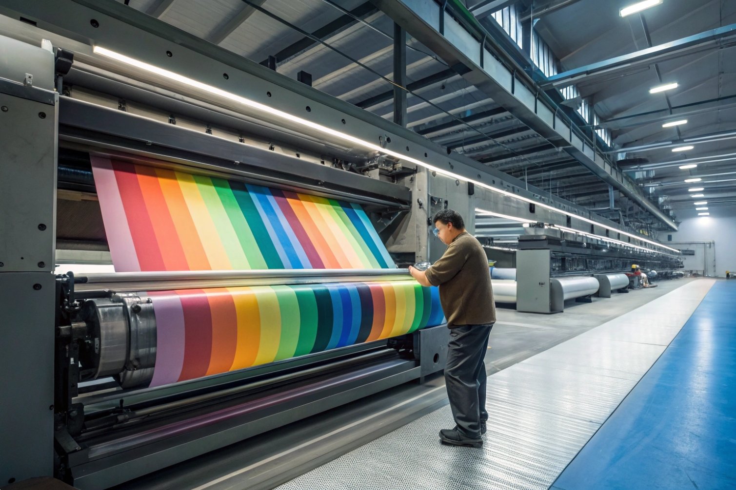 Industrial printing Factory worker adjusting colorful paper rolls, demonstrating industrial printing process.