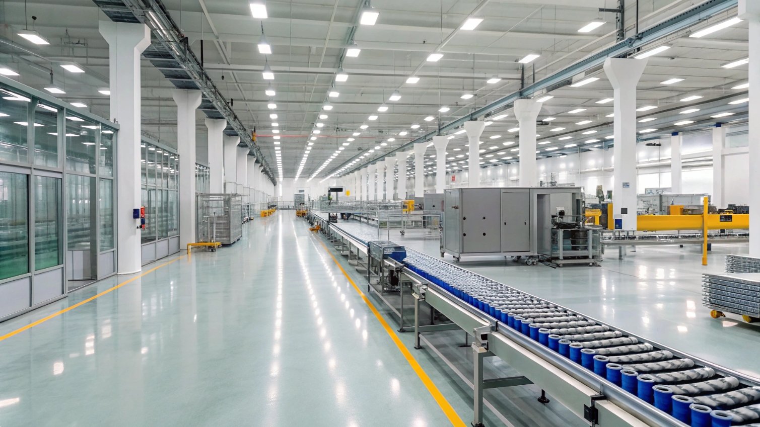 Factory overview Large factory interior with long conveyor system in operation.
