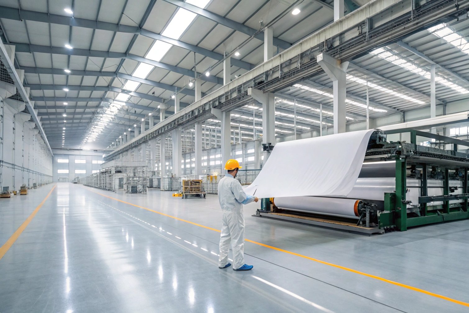 Production inspection Worker inspecting production line in facility.