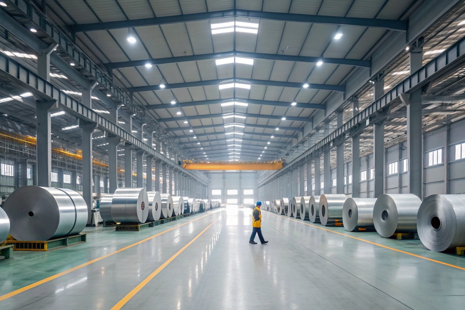 Steel warehouse Large warehouse with steel rolls and worker.