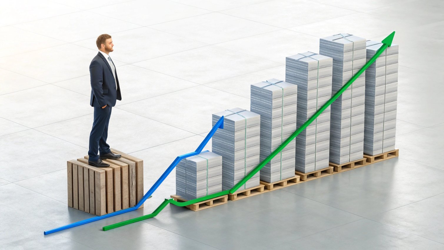 Growth trends Businessman analyzing stacked crates with growth graph.