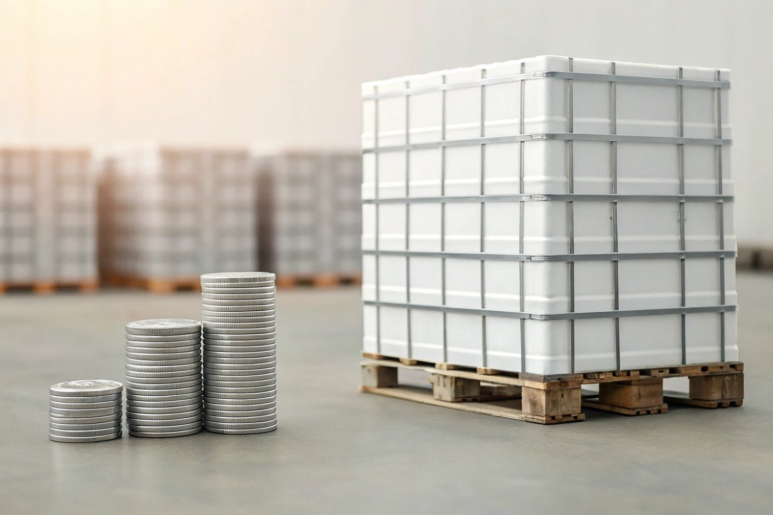 Storage economy Stack of containers and coin piles in warehouse.
