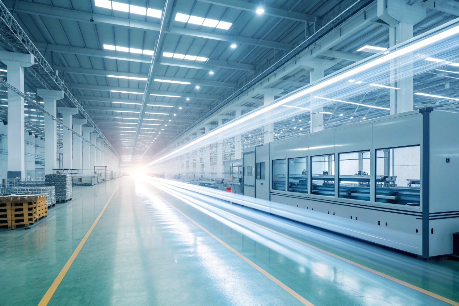 Manufacturing innovation High-tech factory with light speed effect.