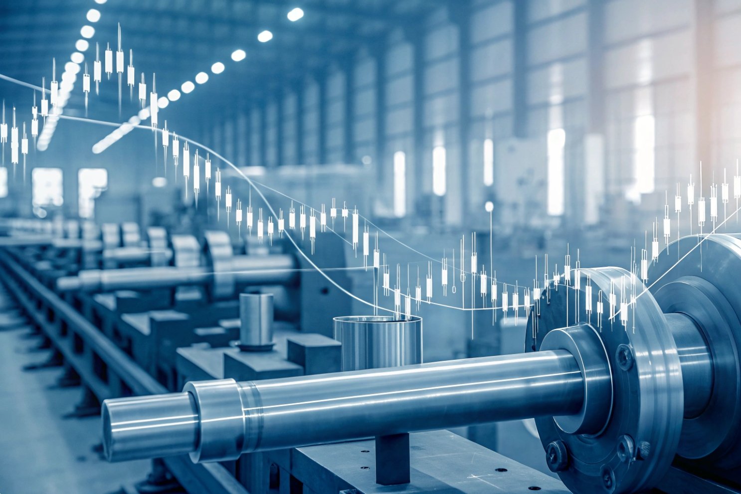 Industrial stock market growth Manufacturing equipment with a rising stock market graph overlay in a blue-toned factory.