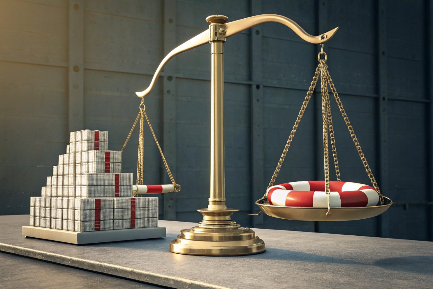 Financial security and risk A bronze scale balancing a stack of money against a red and white life preserver ring.