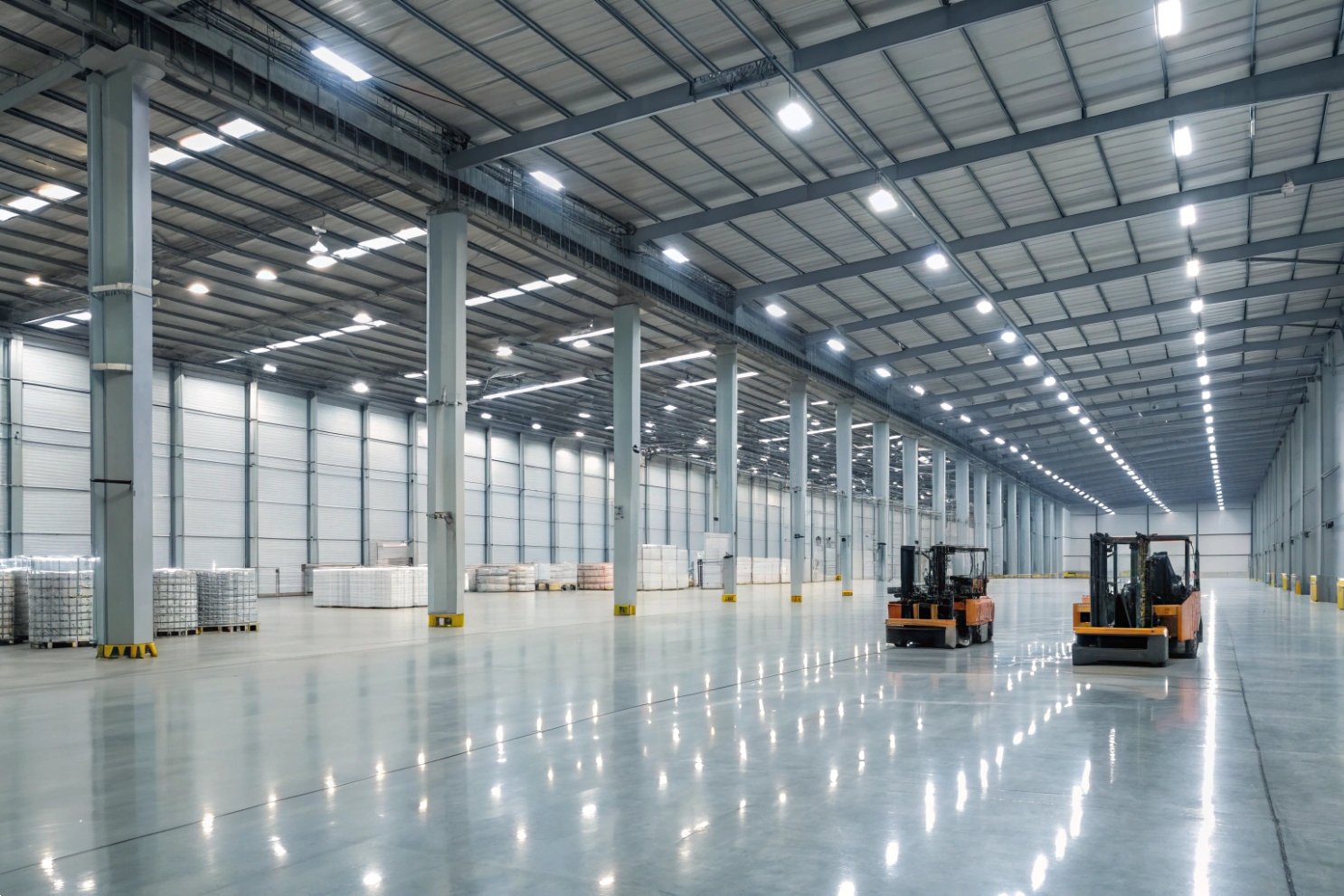 Modern Industrial Warehouse Facility Spacious modern industrial warehouse interior with high ceilings and electric forklifts for logistics operations.