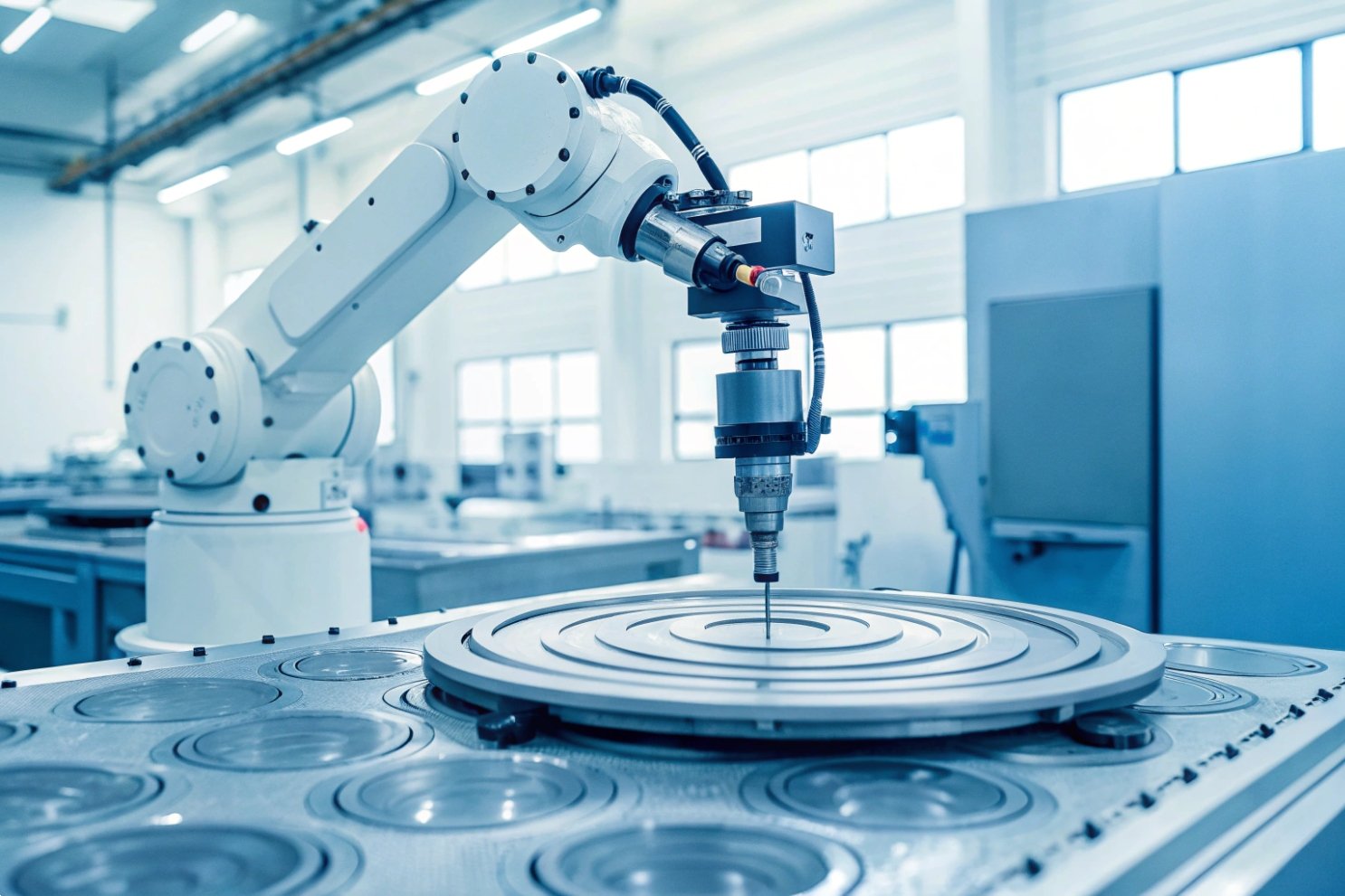 Automated Robotic Factory Assembly Automated robotic arm performing high-precision industrial assembly tasks in a modern smart factory.