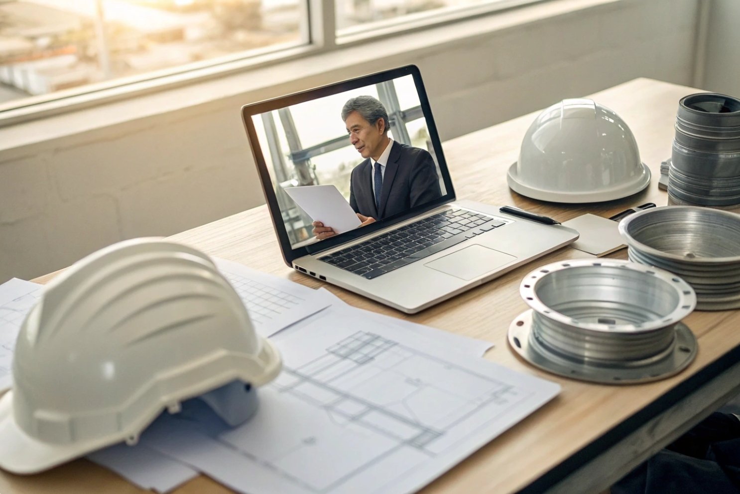 Engineering Virtual Project Consultation Engineer conducting a video conference call at a workstation with industrial component blueprints.