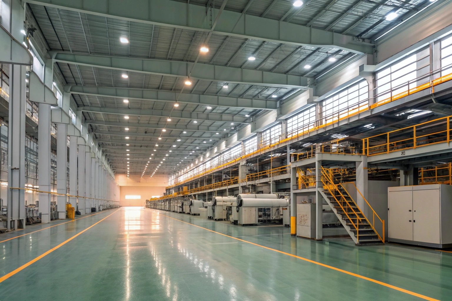 Modern Factory Production Hall Spacious clean industrial production hall with modern automated machinery and yellow safety floor lines