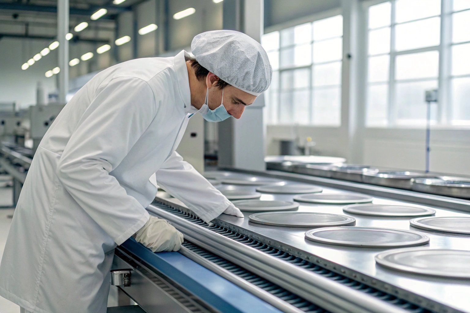 Food Safety Quality Inspection Food processing technician in sterile white uniform and mask inspecting production line equipment