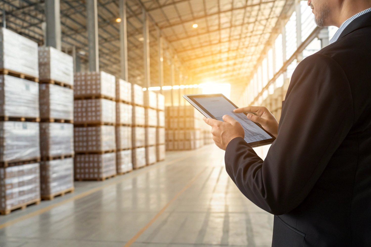 Smart Warehouse Inventory Management Logistics manager using a digital tablet to manage inventory in a large-scale distribution center.