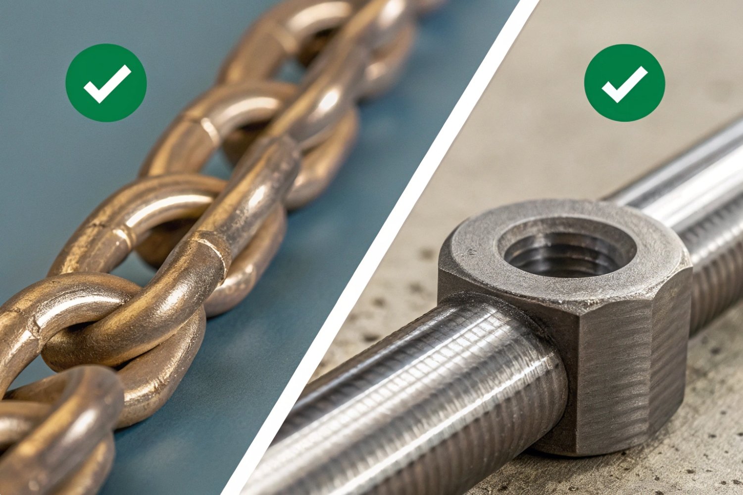 Industrial Chain and Fasteners Close-up of a high-quality industrial chain and a precision threaded bolt with a hex nut.