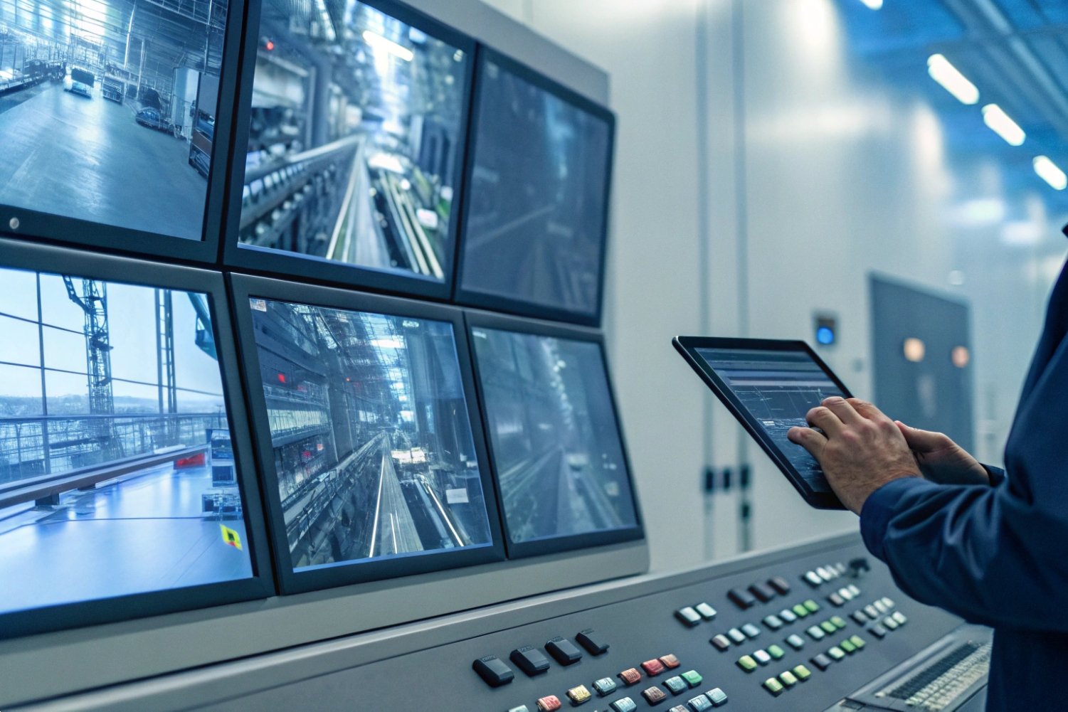 Digital Industrial Control Monitoring Technician monitoring real-time industrial production through a multi-screen digital control center workstation