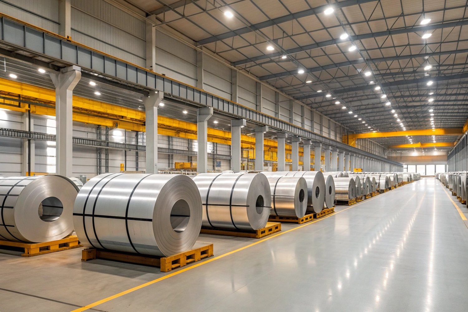 Stacked Aluminum Industrial Coils Modern industrial facility featuring long rows of stacked aluminum coils ready for global shipping