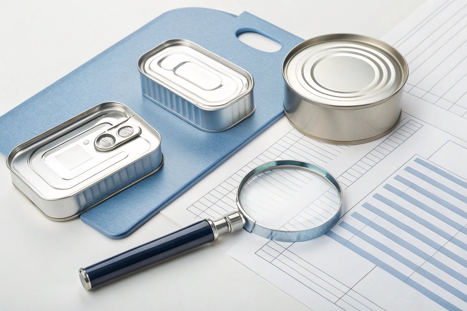 Canned Product Quality Assurance Tin cans and magnifying glass on top of technical data sheets for quality assurance testing