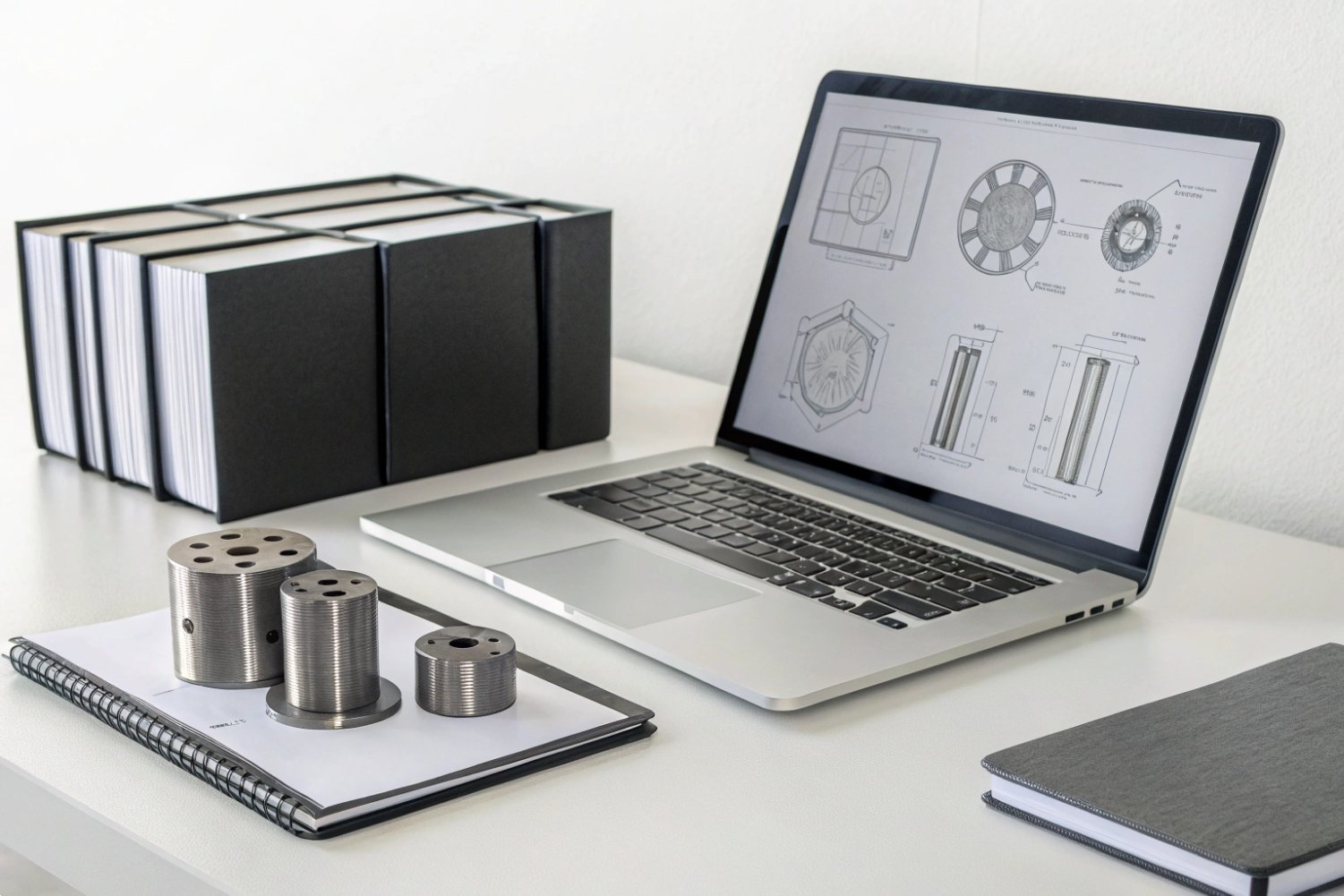 Industrial Design Engineering Software Modern laptop displaying industrial 3D mechanical part designs next to physical prototype components