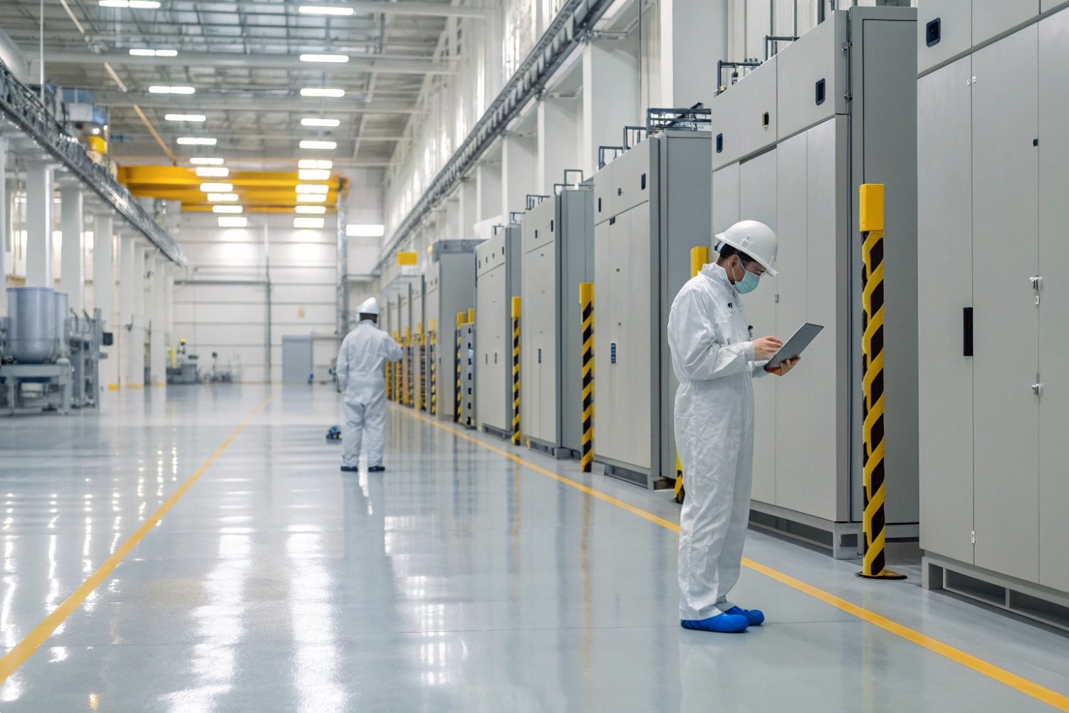 Factory Control Panel Inspection Engineers in white protective suits inspecting industrial control panels in a clean factory.