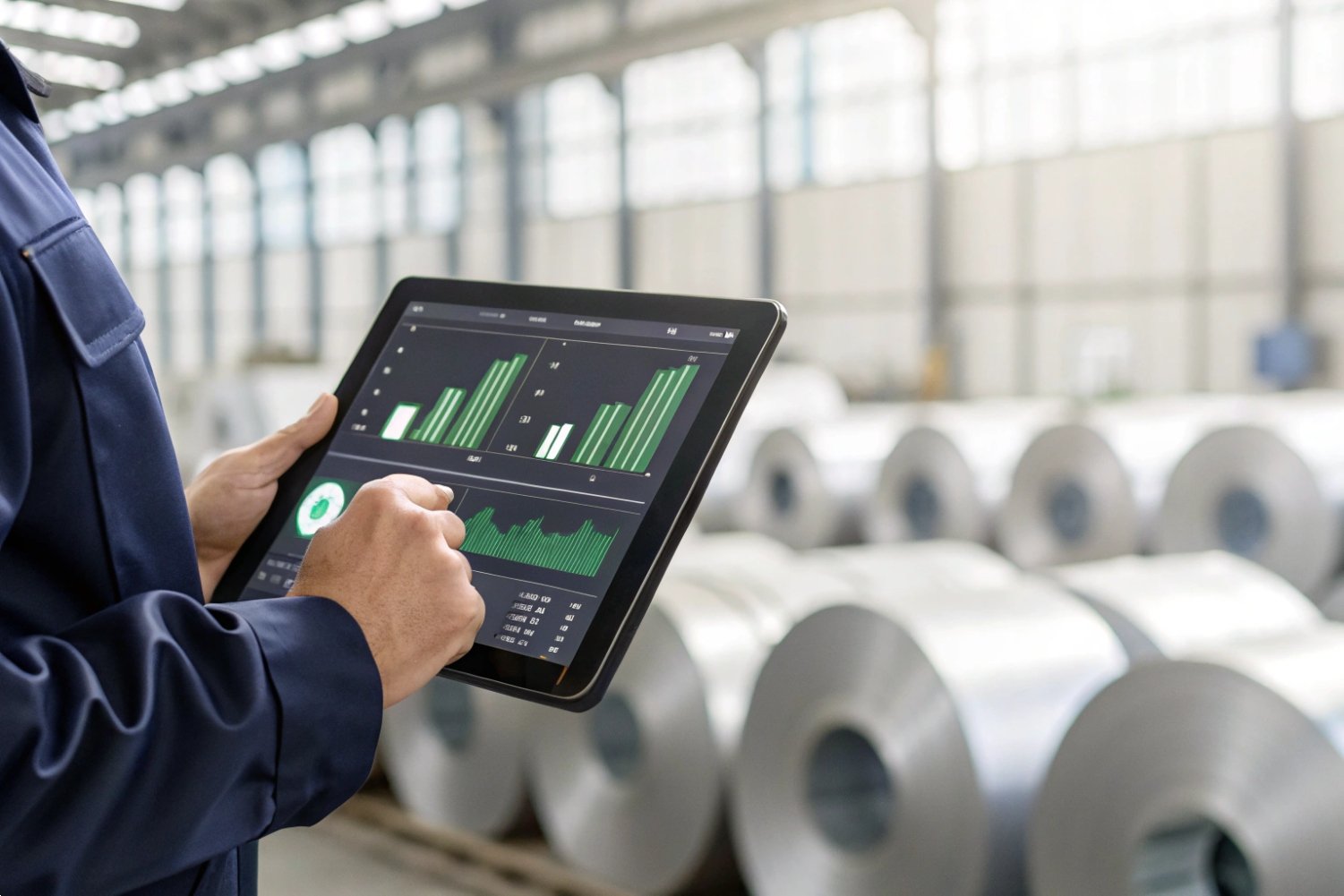 Digital Manufacturing Data Monitoring Factory supervisor using a digital tablet to monitor real-time production data charts.