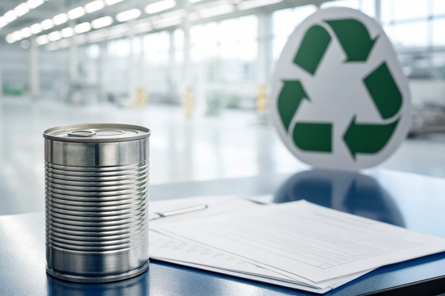 Recyclable Metal Packaging Single metal food can on a desk with paperwork and a recycling logo.