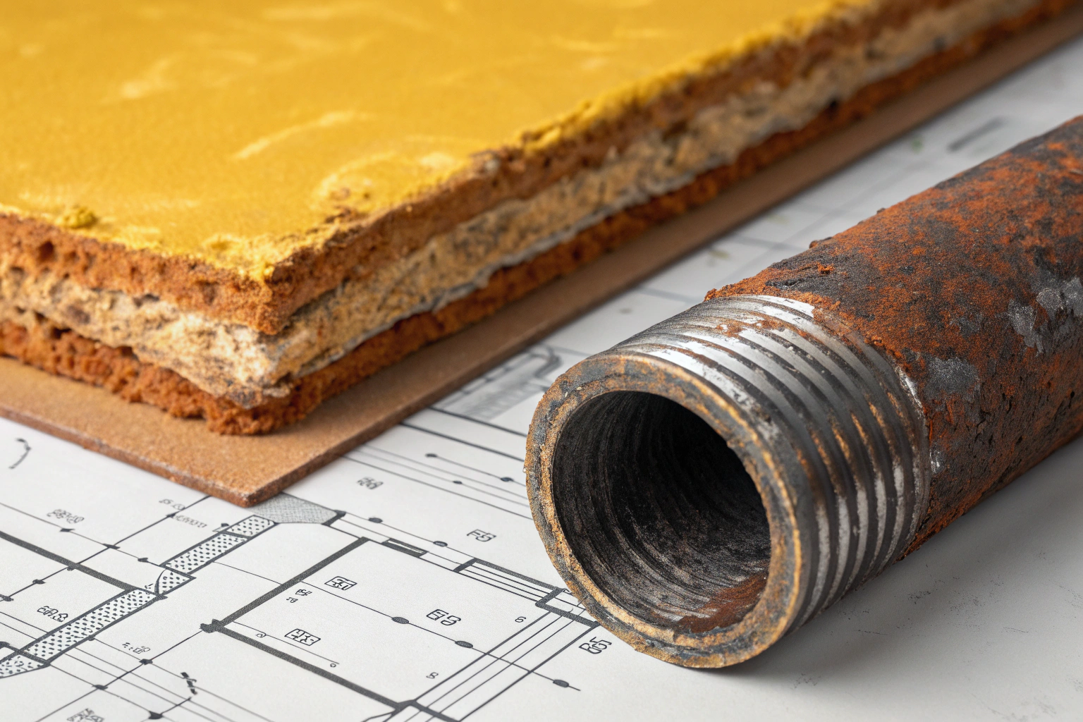 Building Components Detailed view of rusted pipe, construction blueprints, and cross-section of wall insulation layers