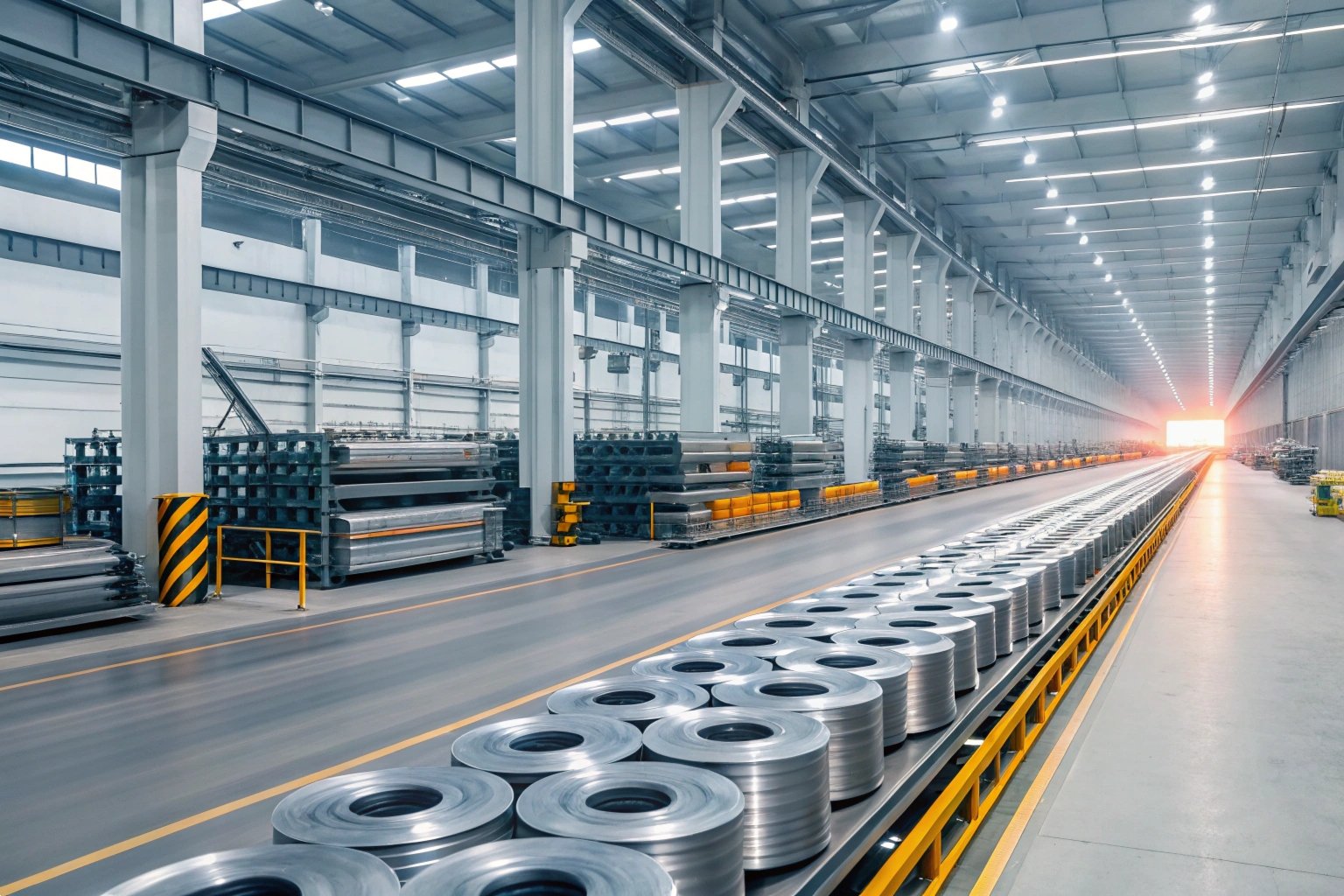 Metal Processing Metal coils being processed in modern factory setting, manufacturing streamlining
