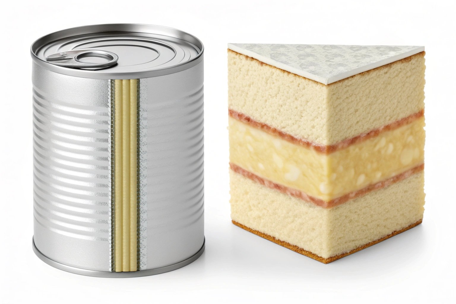 Food Concept Cross-section view of tin can alongside cake slice, unique food comparison concept