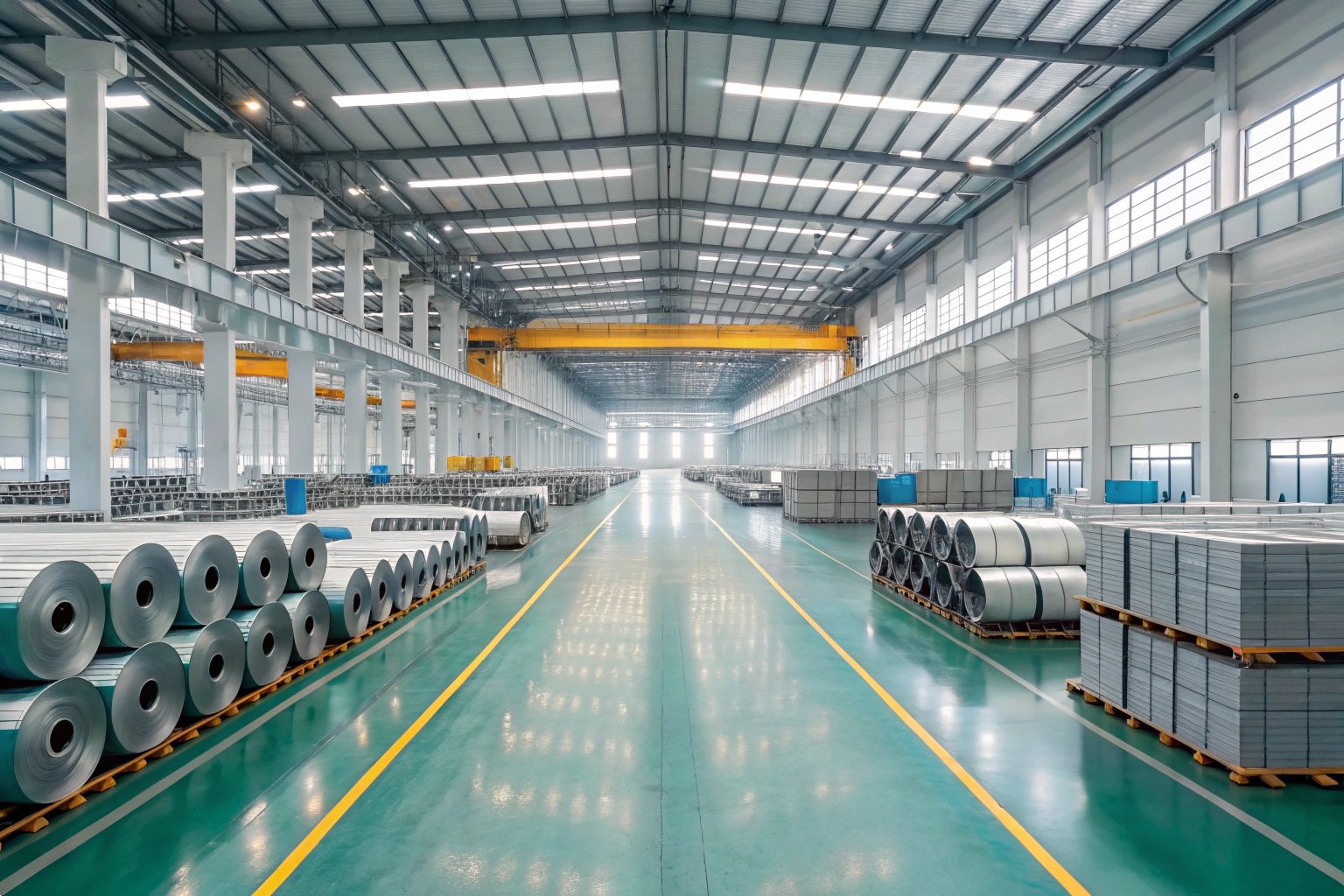 Steel Inventory Spacious warehouse filled with rolled and stacked steel materials.