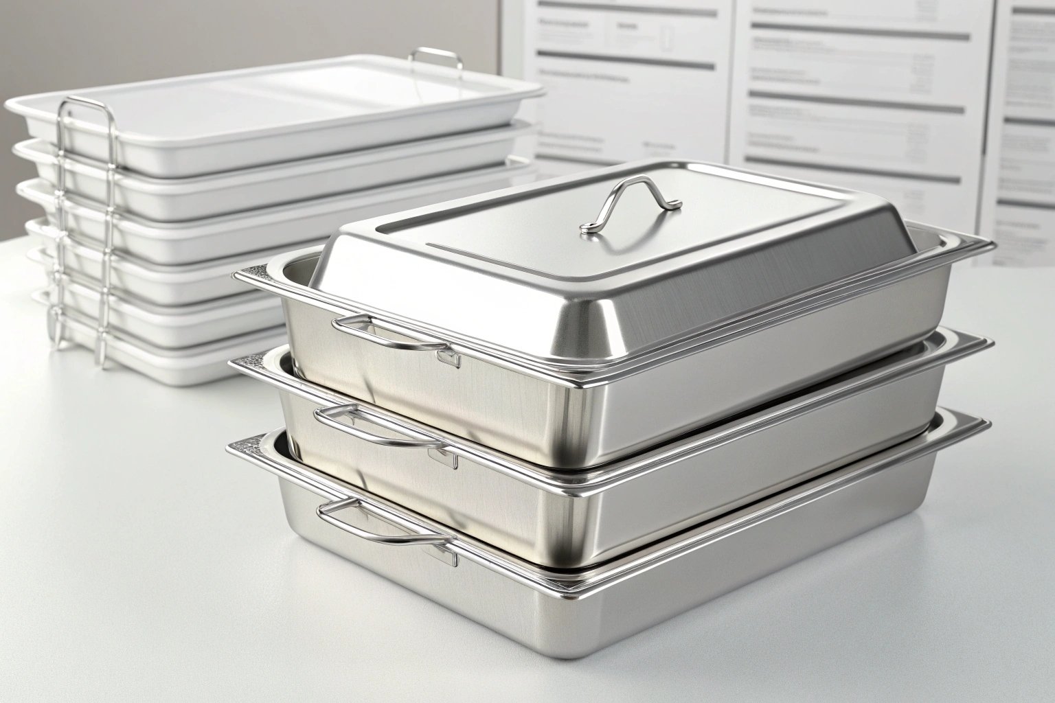 Steel Trays Stacked stainless steel trays for industrial use on display.