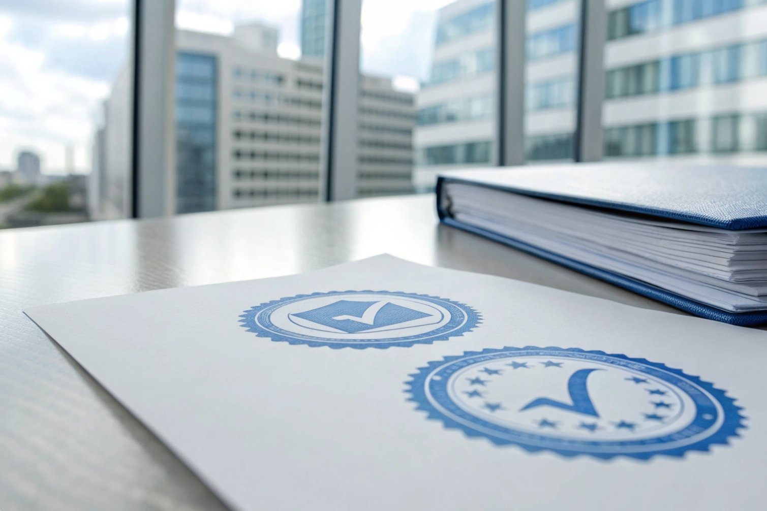 Certification Documents Quality certification documents and binder in office setting.