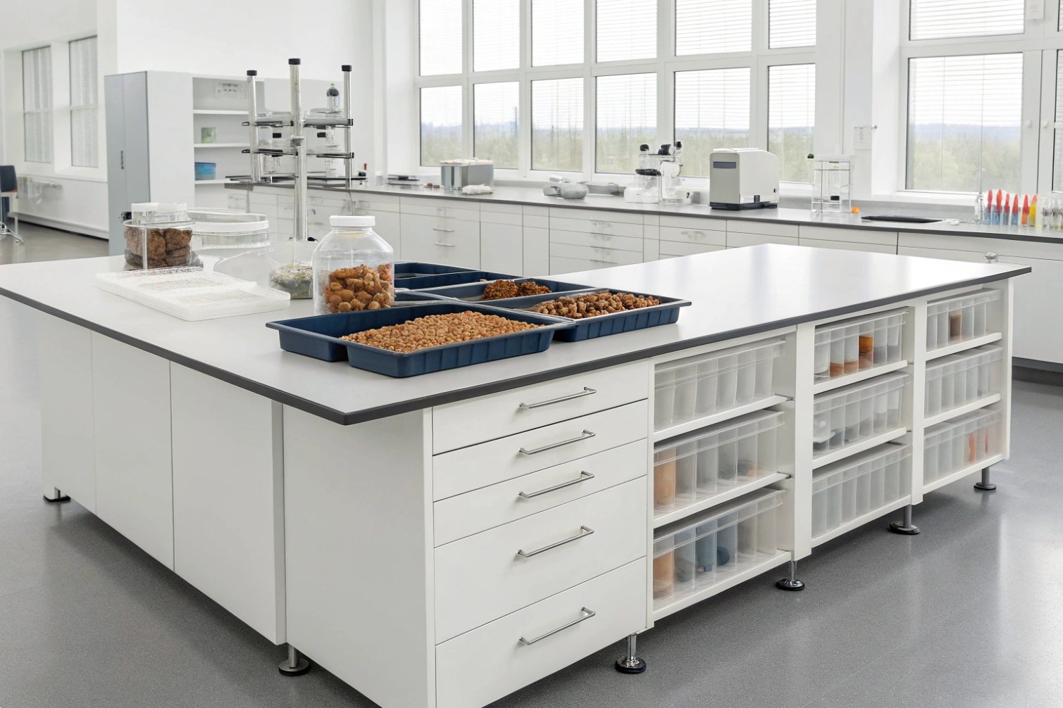 Food Lab Laboratory with trays of food samples on table.