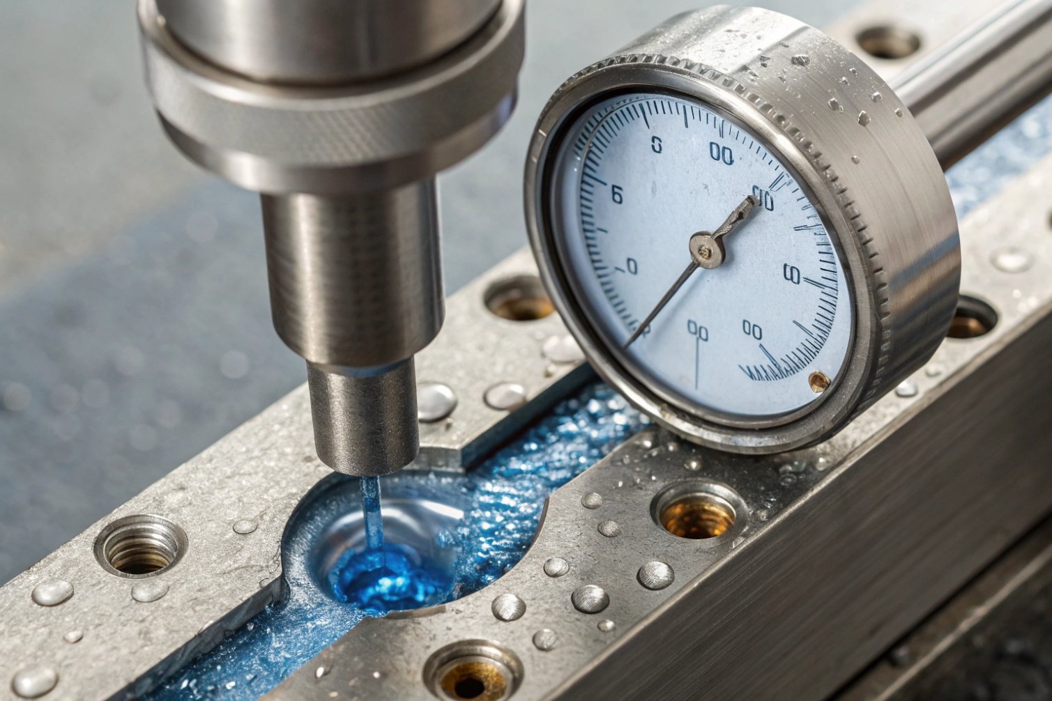 Precision Measurement Precision measurement on metal component in process.