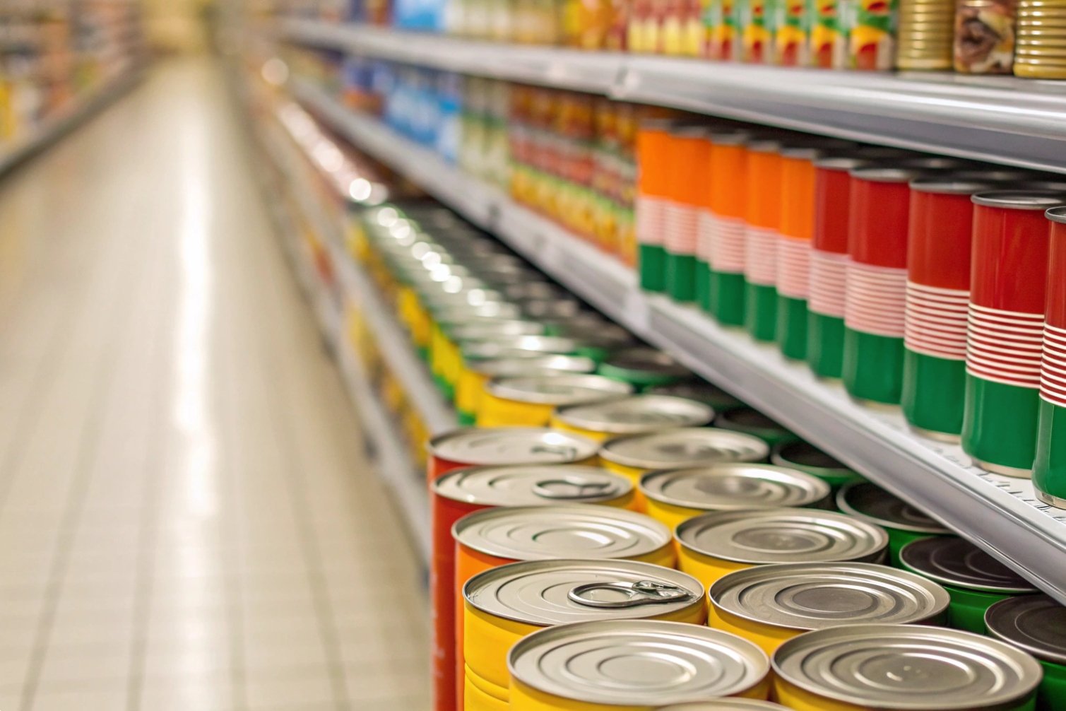 Organized display Canned goods neatly arranged on supermarket shelves for organized display.