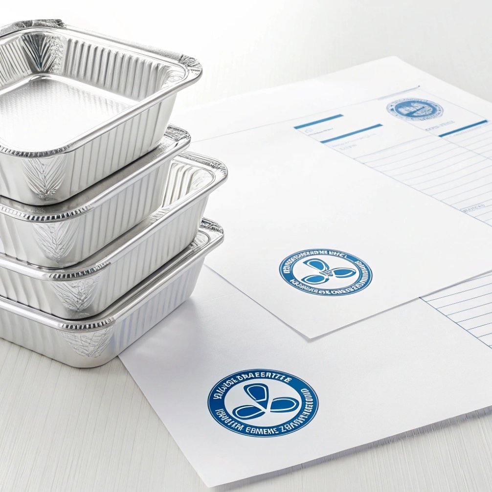 Food packaging Stacked aluminum food trays with branded documents beside them.