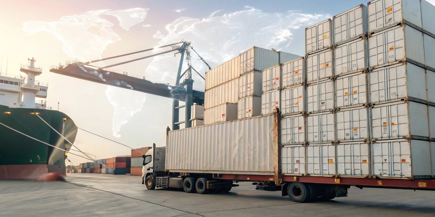 Global shipping Cargo ship and truck in shipping port, global trade concept.