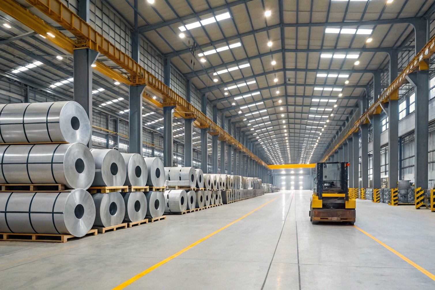 Steel storage Forklift in a steel warehouse with rolls.