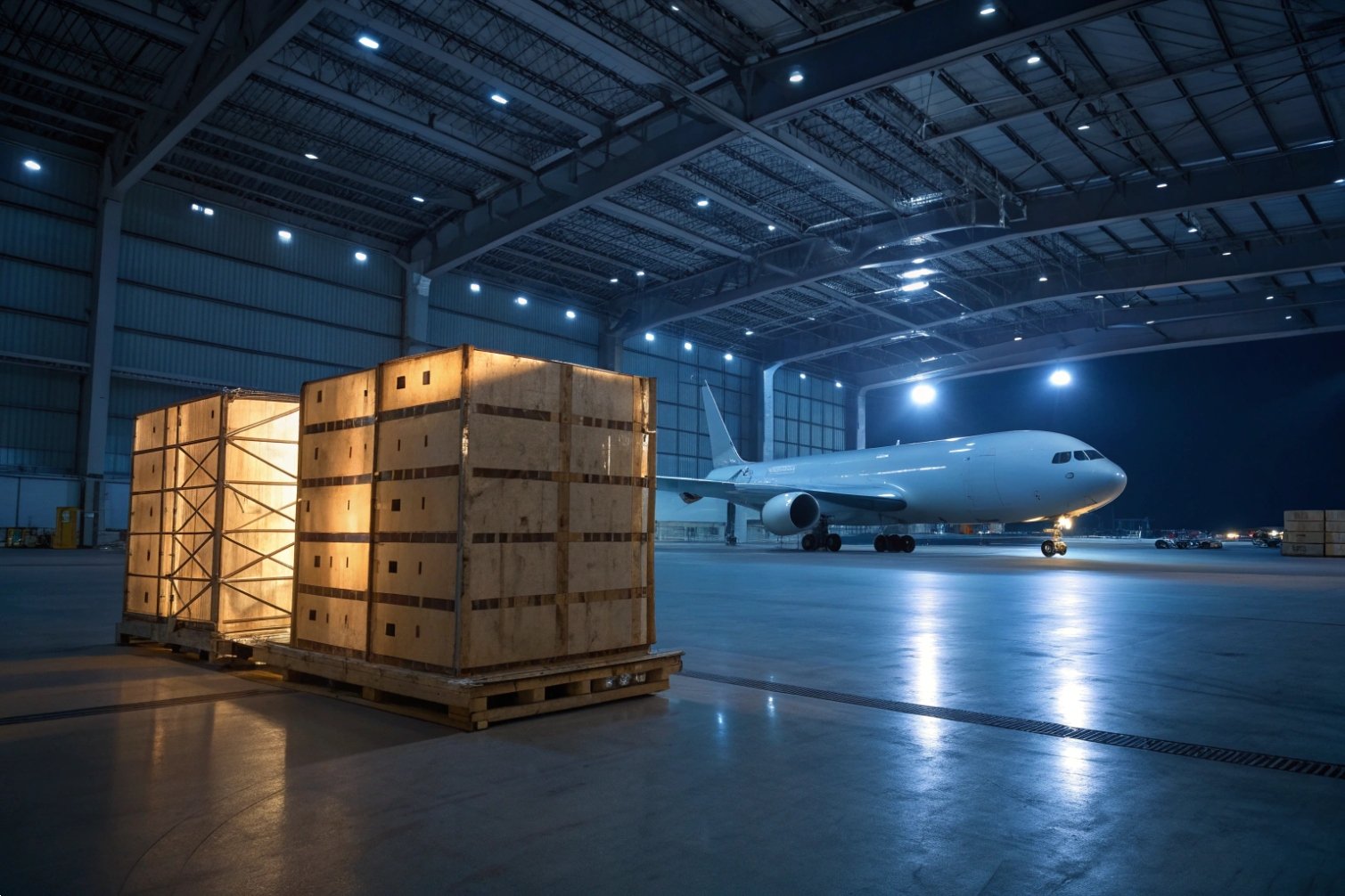 Cargo operations Airplane and illuminated cargo crates inside a large hangar.