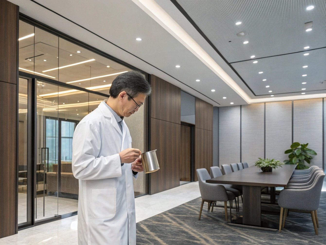 Scientific meeting Scientist in lab coat in modern conference room.