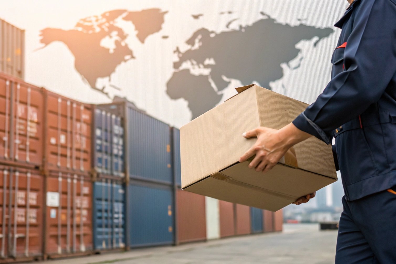 Global shipping Worker handling cardboard box in shipping yard.