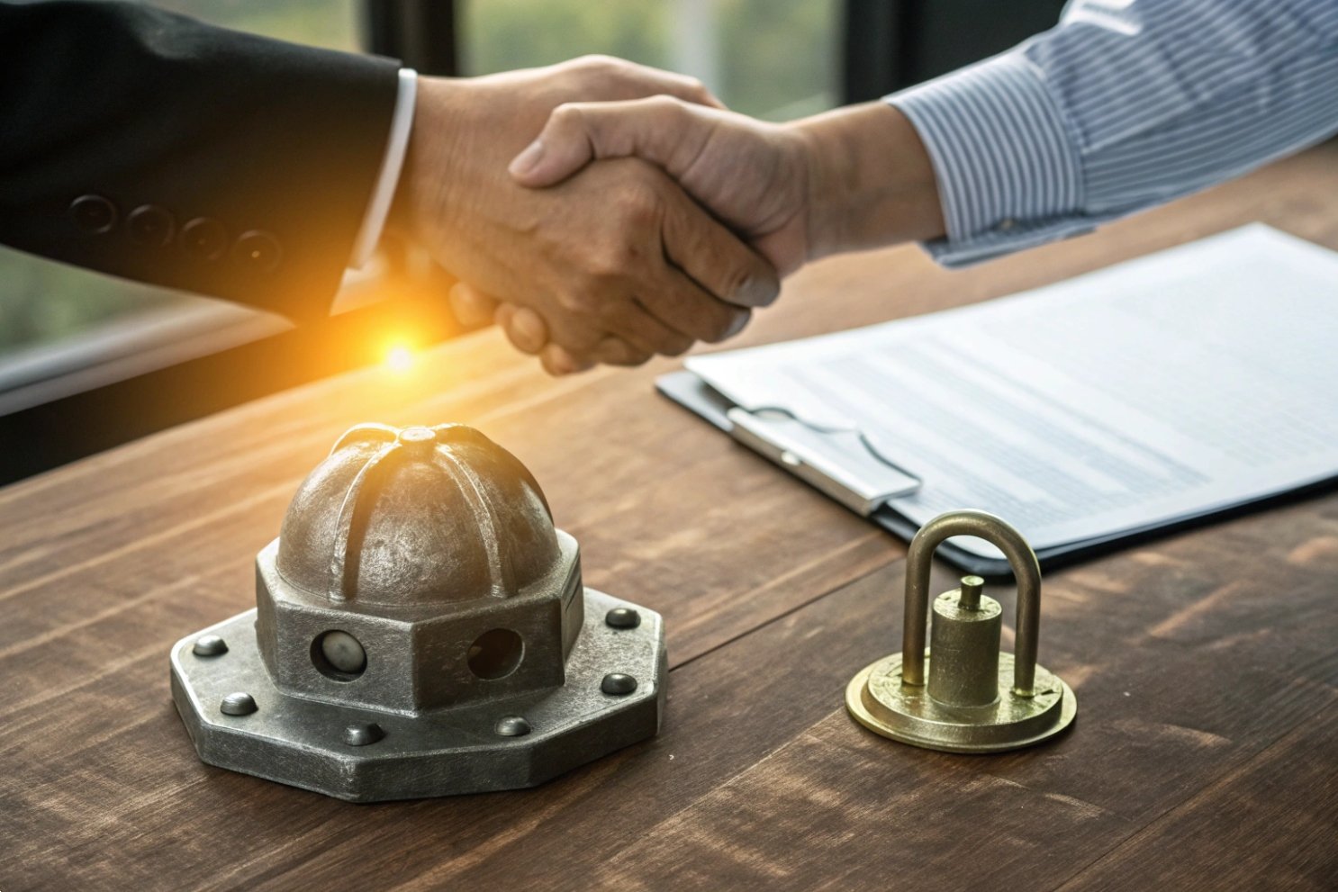 Partnership deal Business handshake over industrial components.