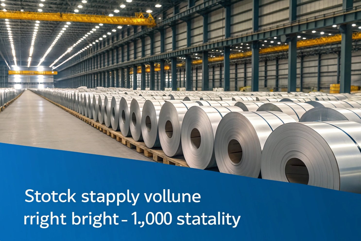 High volume metal coil stock Vast warehouse with rows of metal coils, showing high stock supply volume.