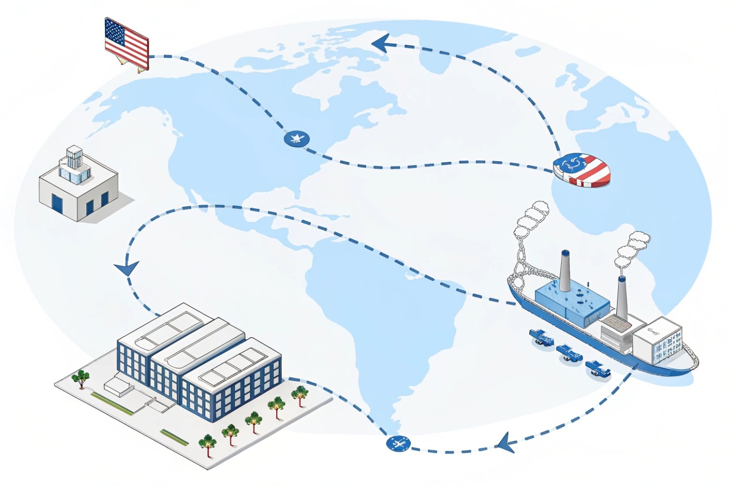 International supply chain map Isometric world map illustrating a complex global supply chain and manufacturing flow.