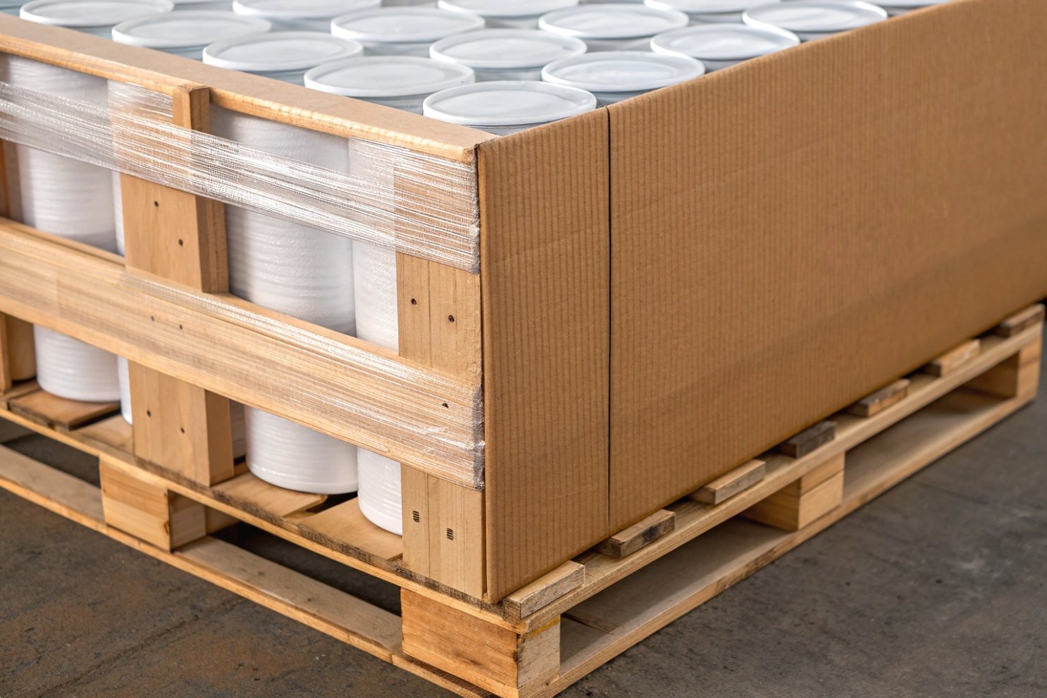 Secure Palletized Cargo Shipping Close-up of industrial goods on a wooden pallet wrapped in protective plastic for secure shipping.