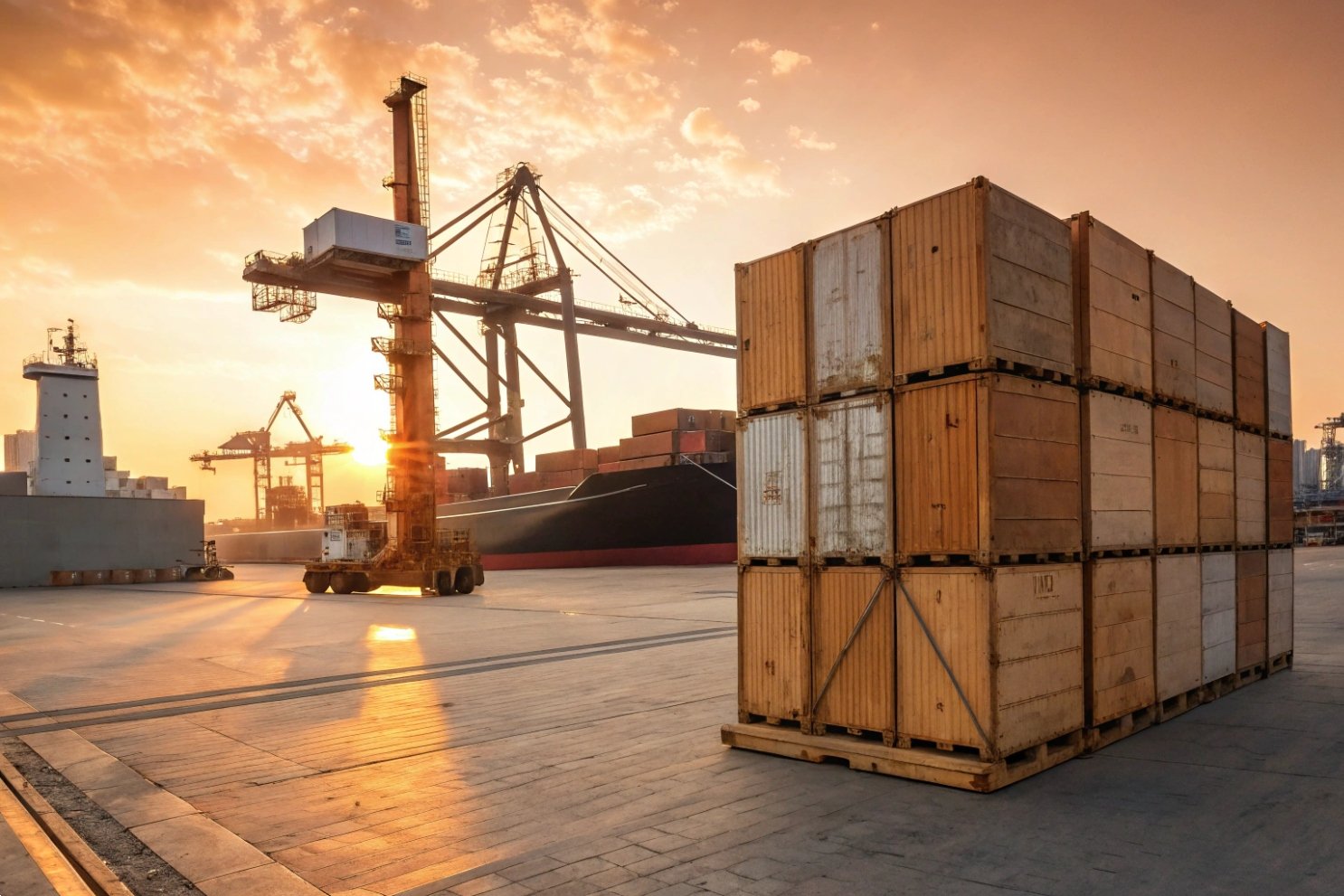Palletized Industrial Packaging Stack of industrial metal cans wrapped in protective plastic on a wooden pallet.