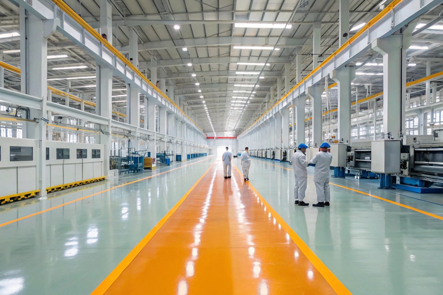 Automated Industrial Factory Floor Modern industrial manufacturing plant with an orange safety walkway and advanced production machinery.