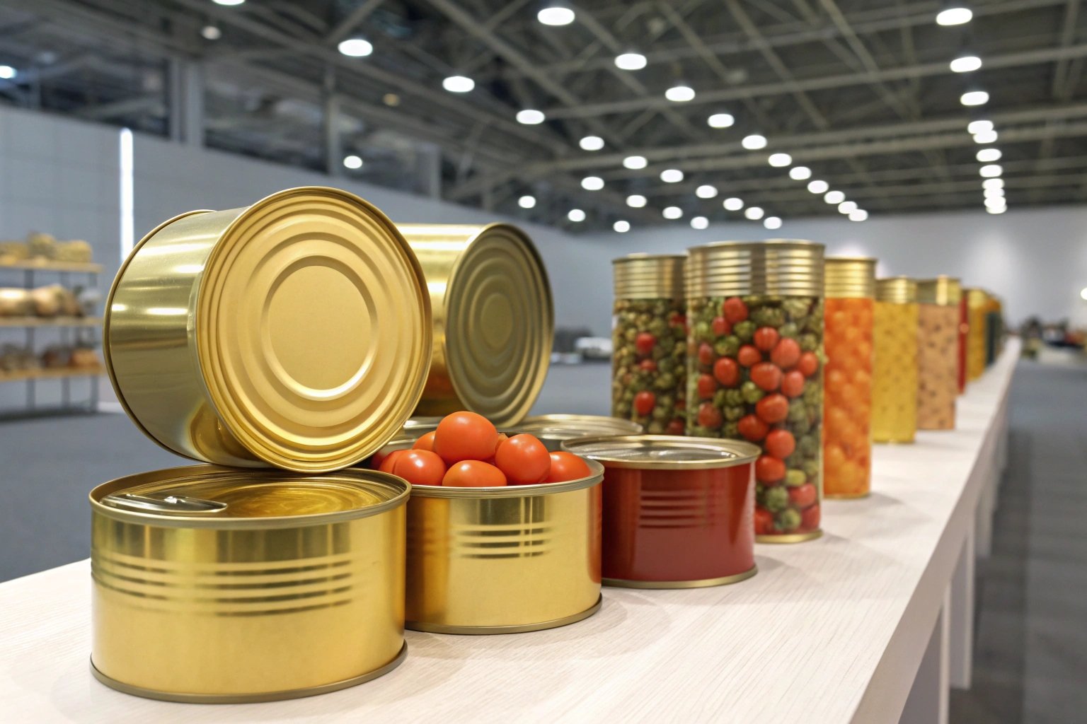 Canned Food Product Display Various gold and red tin cans and glass jars of preserved food on display