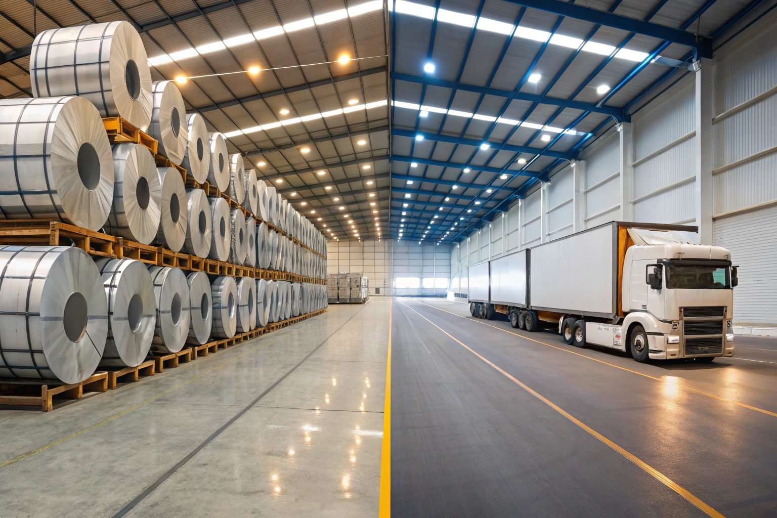 Global Canned Goods Export Aluminum metal cans stacked in a row with a world map and cargo ship background