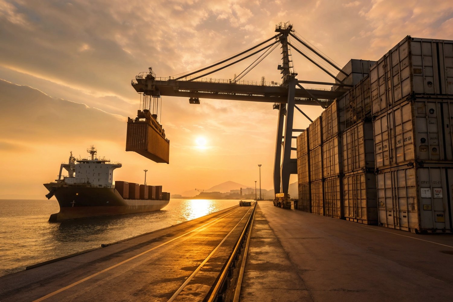 Global Maritime Shipping Logistics Cargo ship being loaded with containers by a port crane at sunset for international trade.