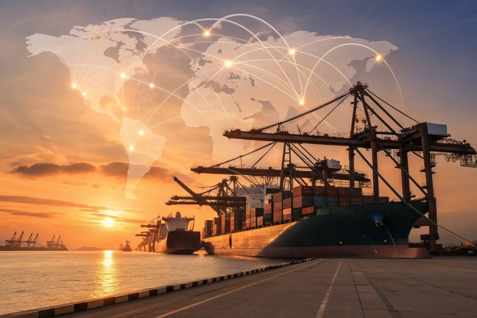 Global Maritime Logistics Supply Global shipping logistics concept with container ships at a port under a world map overlay.