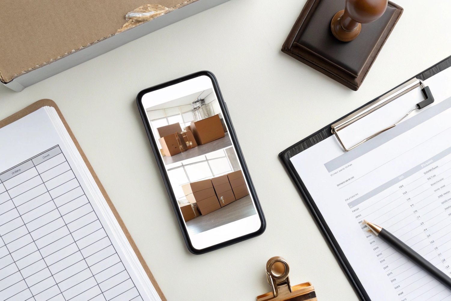 Digital Logistics Management App Smartphone displaying images of packaged boxes on an office desk with business logistics paperwork.